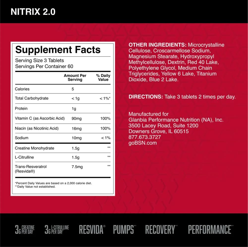 Bsn Nitrix 2.0 Workout Supplement Nitric Oxide Precursors 3G Creatine 3G L