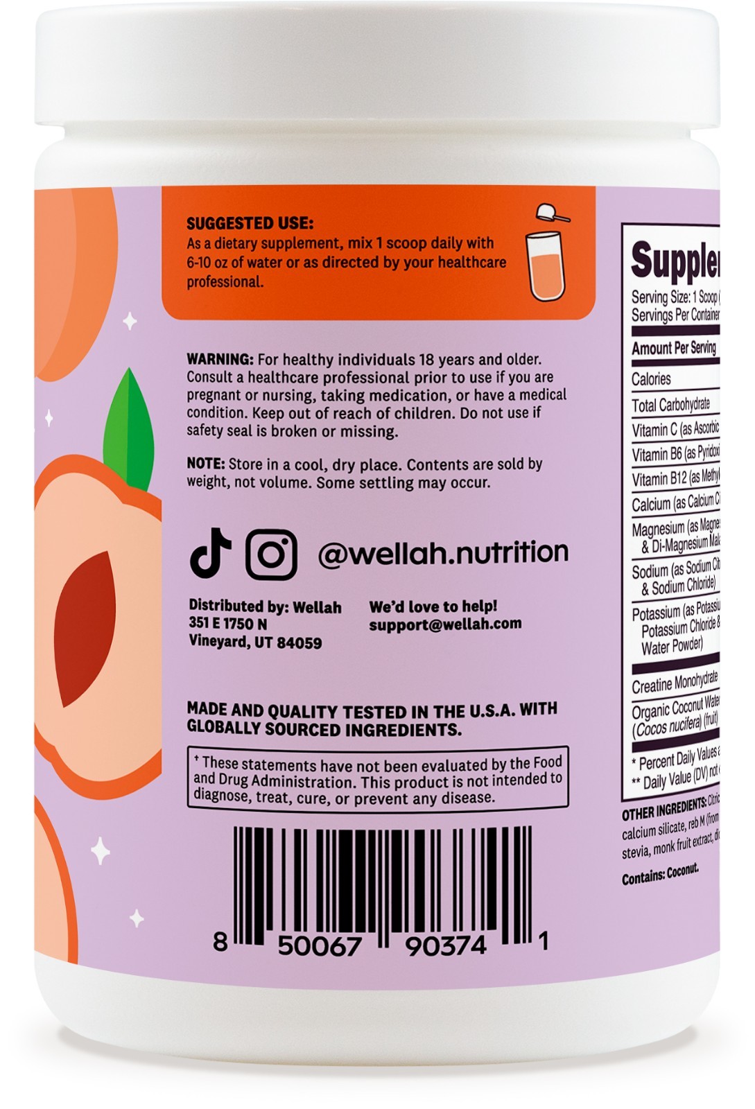 Wellah Creatine + Hydration Powder (White Peach Nectarine) 30 Servings