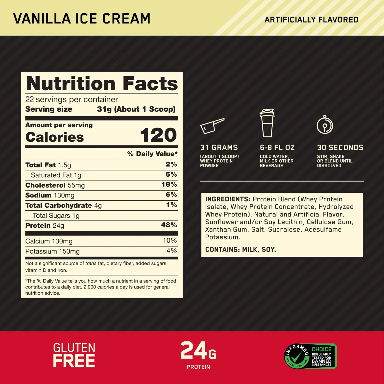 Optimum Nutrition, Gold Standard 100% Whey Protein Powder, Vanilla Ice Cream, 22