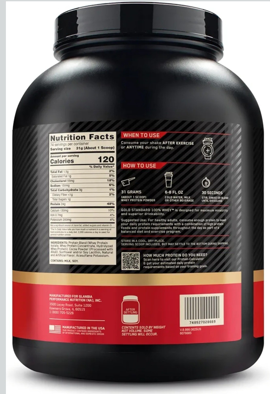 Gluten-Free Gold Standard Whey Protein, 5 lbs – Double Rich Chocolate Flavor