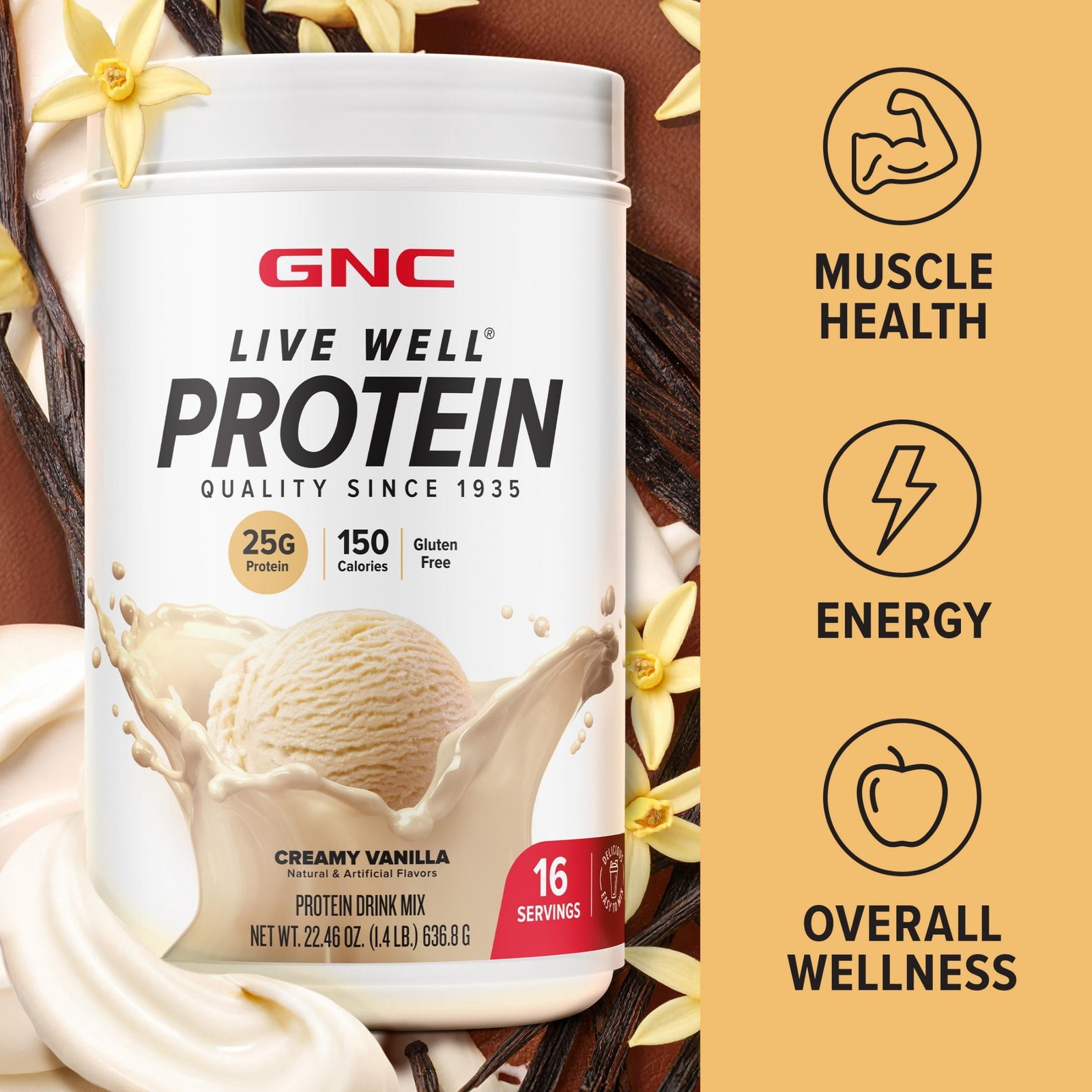 GNC Live Well Protein Powder, 25g Whey Protein, Rich Chocolate, Gluten Free, No