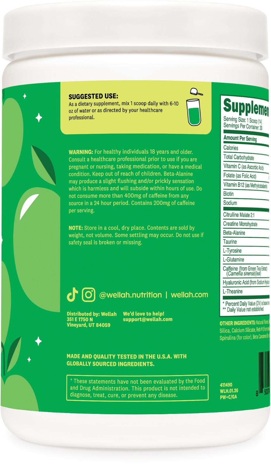 Wellah Pre-Workout + Creatine Powder (30 Servings) Green Apple – 200mg Caffeine