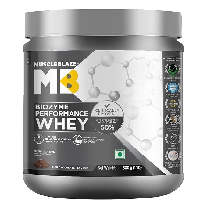 MuscleBlaze Biozyme Performance Whey Protein Powder, Rich Chocolate (500g / 1.1l