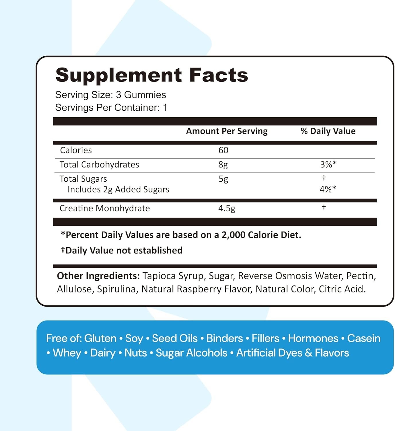 Create Creatine Gummies 1.5g Focus Strength Endurance Vegan Blue Raspberry 90ct