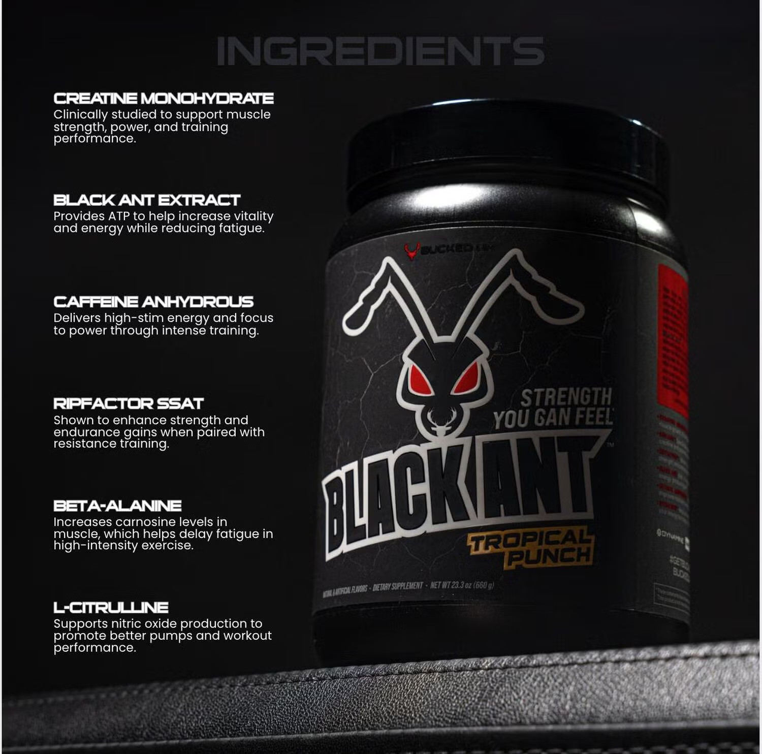 BUCKED UP Black Ant Pre-Workout Energy Pump Focus + FREE Bucked Up Flag T-shirt