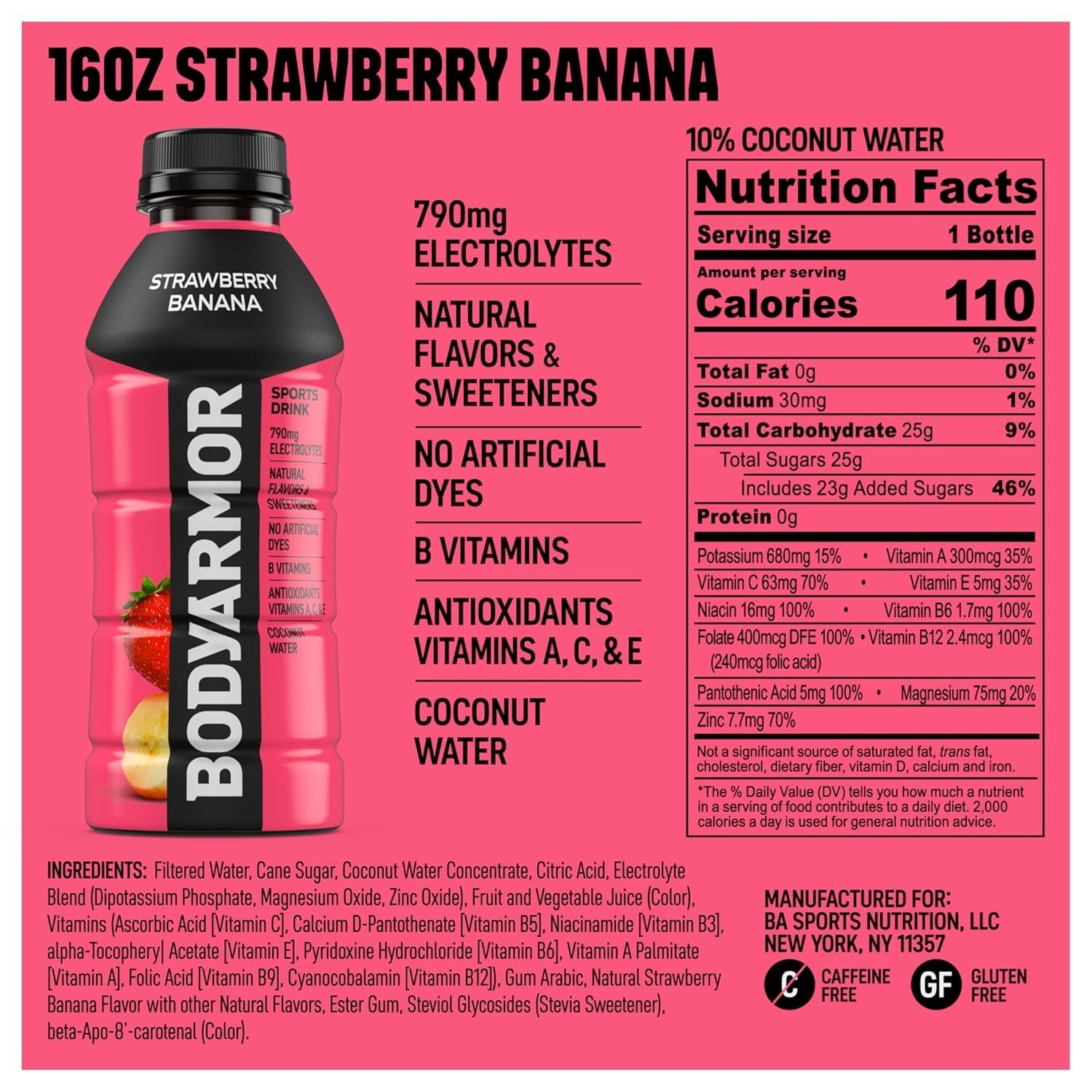 Sports Drink BodyArmor Strawberry Banana Electrolyte Hydration 16 Fl Oz Bottles