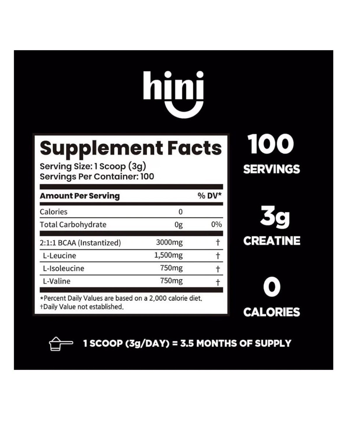 Pure BCAA Powder 300g 100 Servings (Unflavored) Branched Chain Amino Acids
