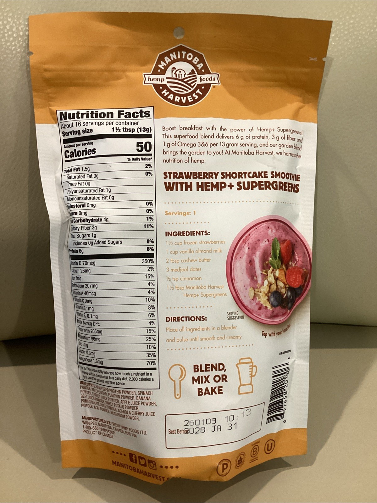 Manitoba Harvest Hemp & Supergreens Powder, 7.5 oz, Green Superfood Powder